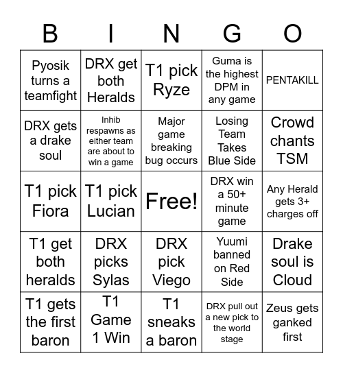 T1 vs DRX Bingo Card