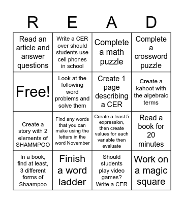 Extension  READ Bingo Card