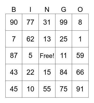Number Bingo Card