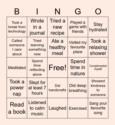 Mental Wellness Bingo Card