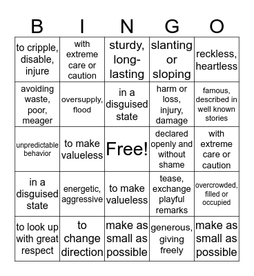 Unit 2 Vocabulary Bingo Card