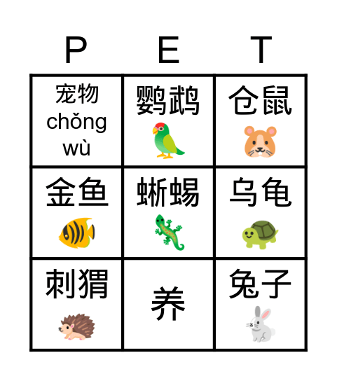 Pets Bingo Card