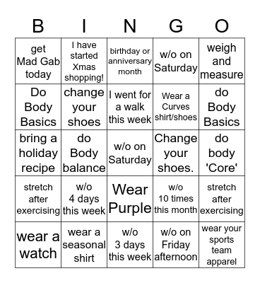 CURVES Bingo Card