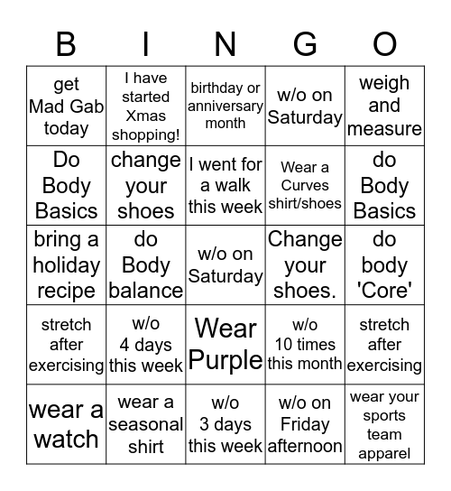 CURVES Bingo Card