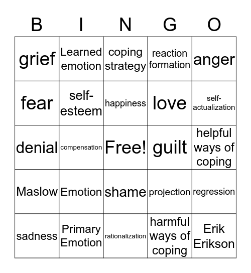 Personality, Self-Esteem, and Emotions Bingo Card