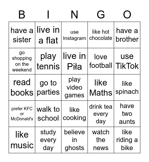 Present Simple Bingo Card