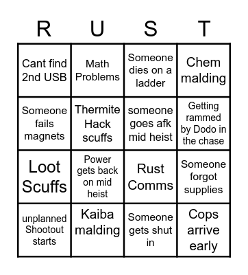 Rust Casino Heist Bingo Card