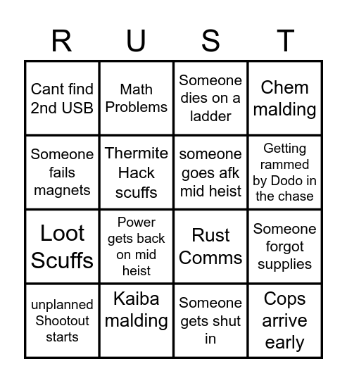 Rust Casino Heist Bingo Card