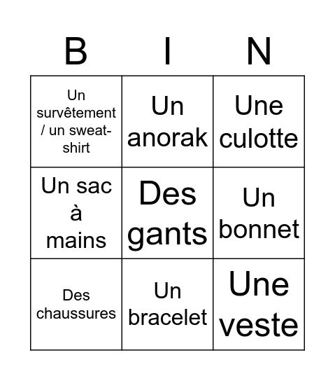 Vocabulaire des vêtements ts Bingo Card