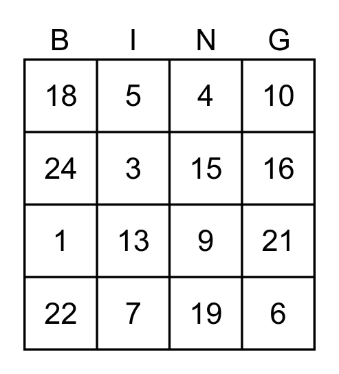 Numbers 0-25 Bingo Card