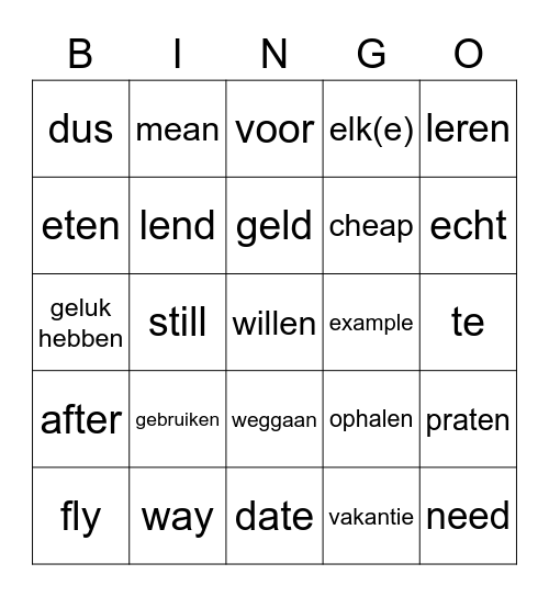 Bingo words unit 2 1BK Bingo Card