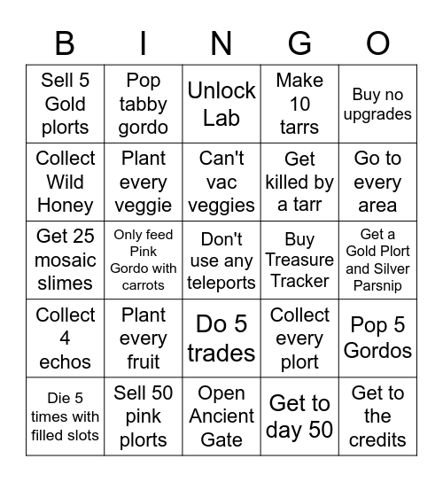 Slime Rancher Bingo Card