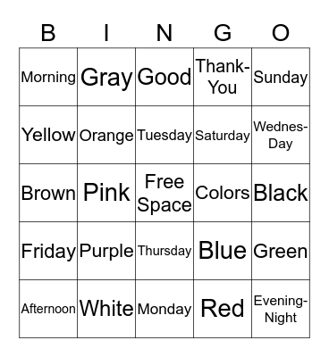 Days of week and colors Bingo Card