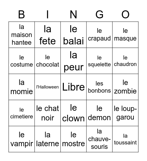 French Halloween Bingo Card