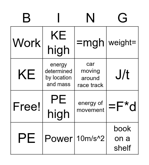 Work Power and Energy Bingo Card