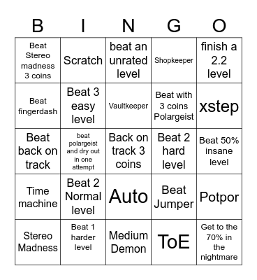 Geometry Dash Bingo Card