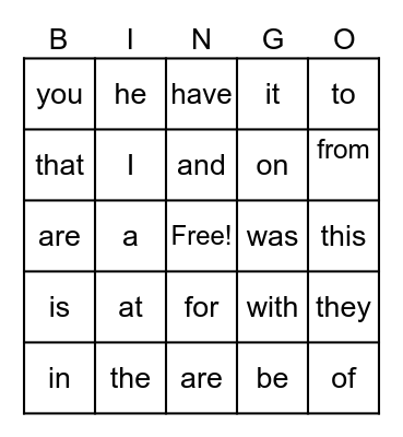 Sight Words Bingo Card