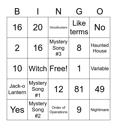 Math Halloween Bingo Card