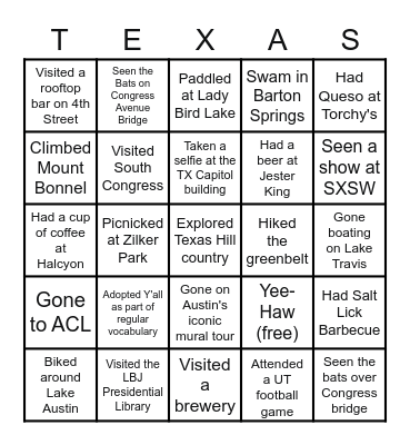 TOUR OF AUSTIN Bingo Card