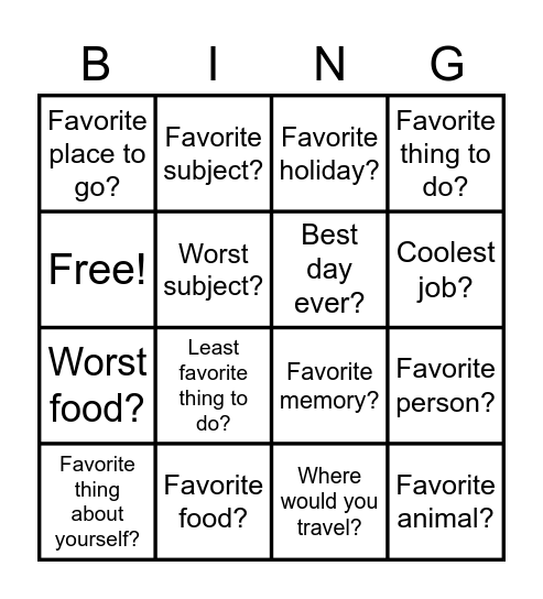 Questions Bingo Card