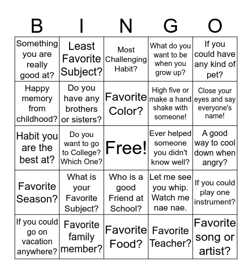 Get to know you BINGO Card