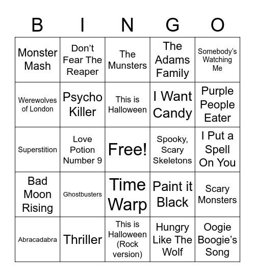 Halloween Music Bingo 1 Bingo Card