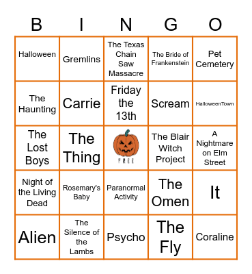 Halloween Movie Bingo Card