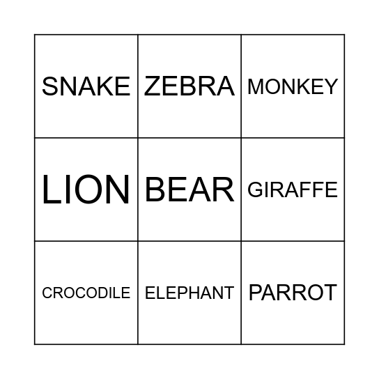 ANIMALS BINGO Card