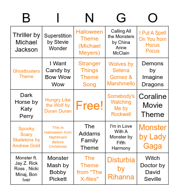 Halloween Music Bingo Card