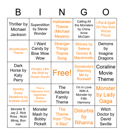 Halloween Music Bingo Card