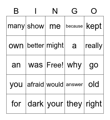 Sight Words Bingo Card