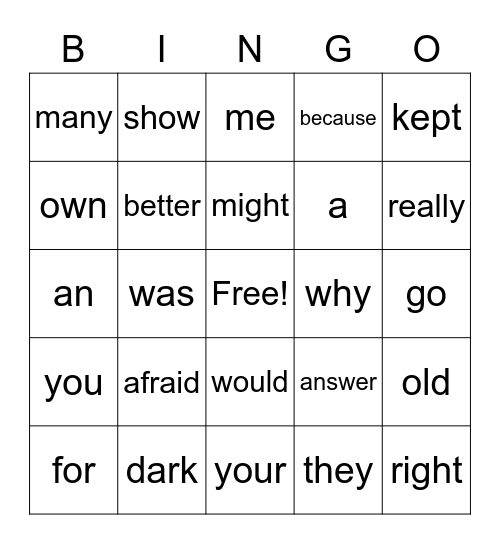 Sight Words Bingo Card