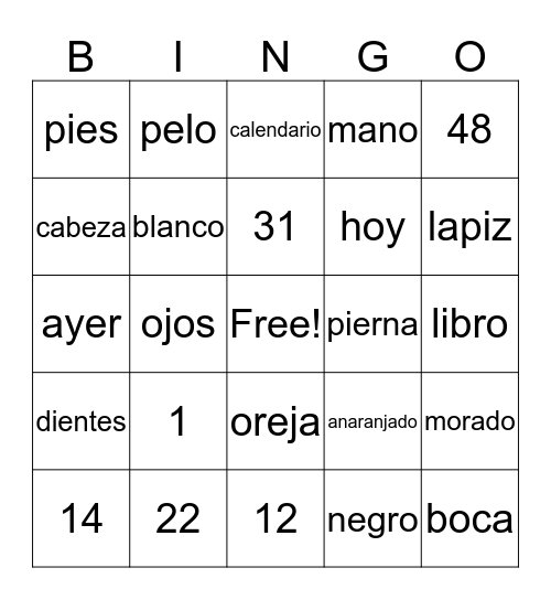 SPANISH BINGO Card