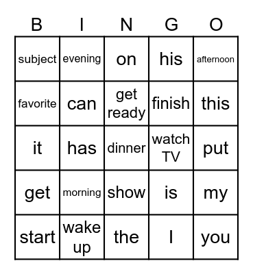 Time of Day Bingo Card