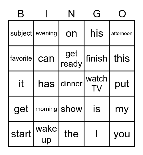 Time of Day Bingo Card