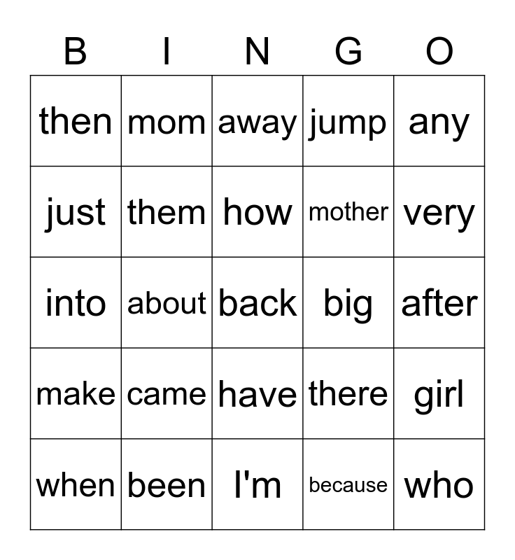 Snap Words List Dwhen Bingo Card