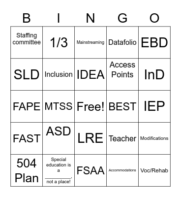 ESE Bingo Card