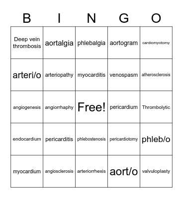 Cardiovascular Medical Terminology Bingo Card