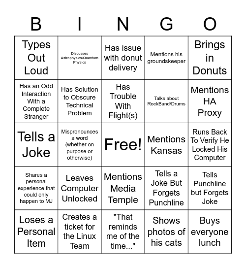 MJ Comes to Town Bingo Card