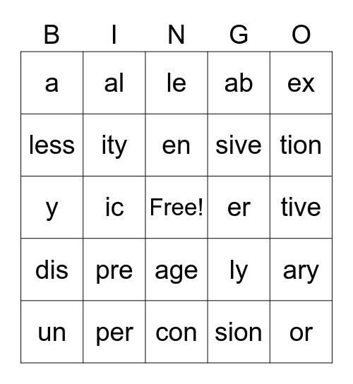 Prefix/Suffix Bingo Card