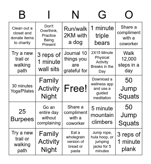 haahuupayak Wellness Bingo Card