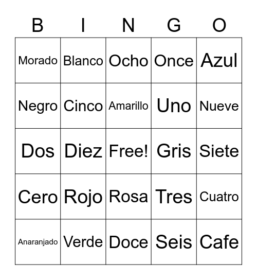 Números y Colores Bingo Card