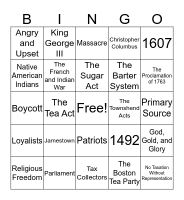 Road to Revolution Bingo Card