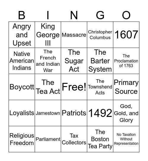 Road to Revolution Bingo Card