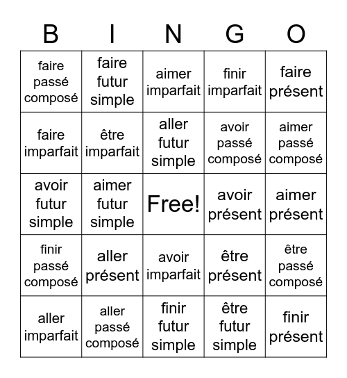 les verbes 7ième année Bingo Card