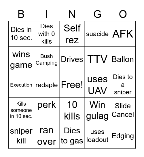 Warzone Solo Bingo Card