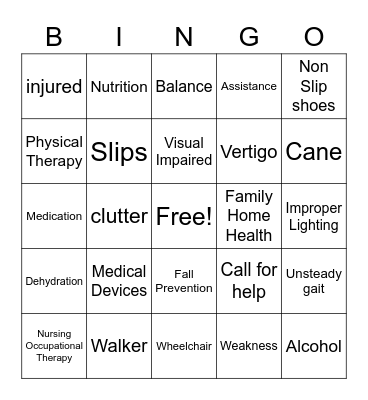 Fall Prevention Bingo Card
