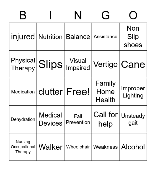 Fall Prevention Bingo Card