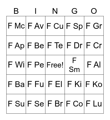 Fiction Call Number Bingo Card