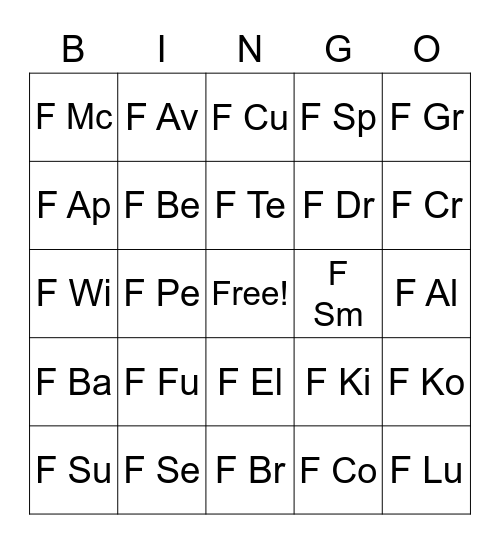 Fiction Call Number Bingo Card